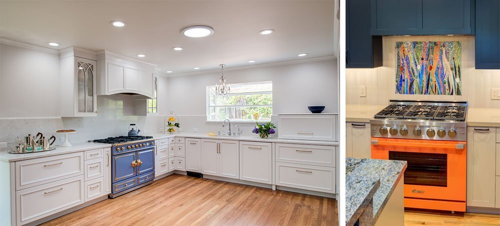 open kitchen with blue stove colored appliance on left, focal point orange oven on right