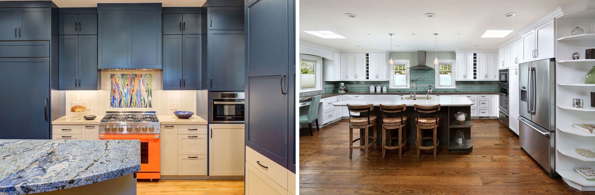 blue cabinetry with orange oven colored appliance on left, kitchen with island on right