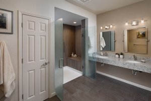 A contemporary universal design bathroom features a curbless shower with open, frosted glass doors and a roll-under vanity with two sinks.